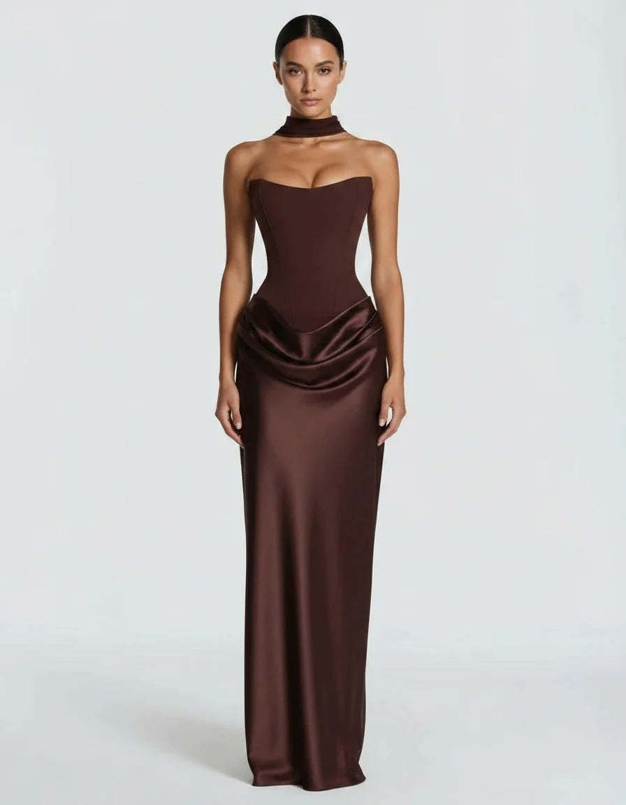 Vespera — La Robe En Satin à Lacets Corset — Marron Chocolat